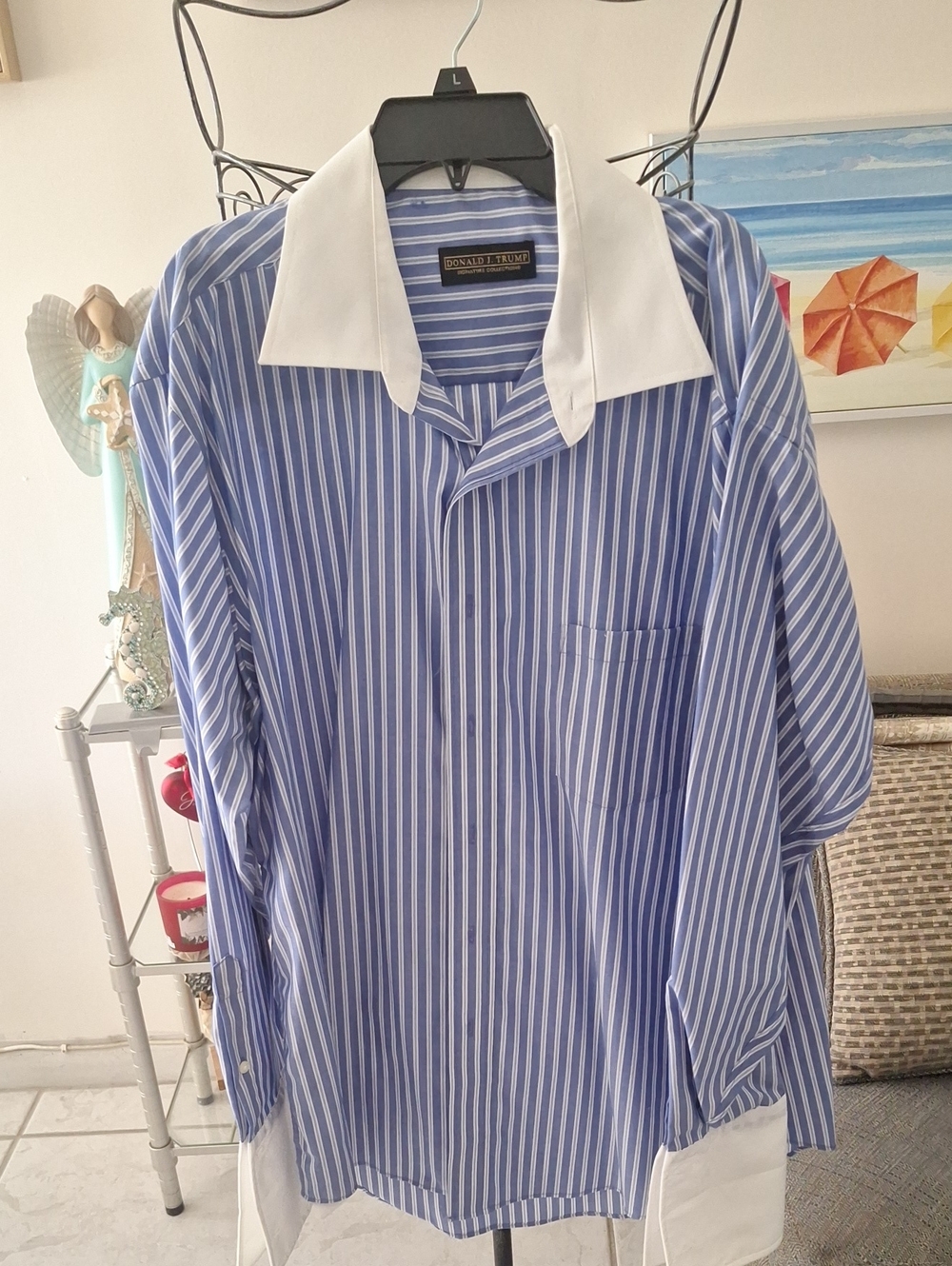 Blue and White Stripe Long-Sleeve Shirt with White Contrast Collar